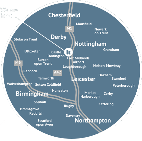 Map showing East Midlands free delivery area from Chesterfield in the north to Northampton in the south and from Peterborough in the east to Stoke-on-Trent in the west.